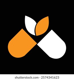 Modern pharmacy logo design with white and orange capsules and leaf symbol for healthcare branding.