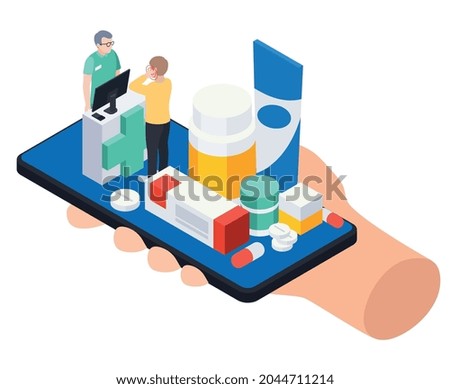 Modern pharmacy online store isometric composition with human holding smartphone with medication pharmacist and customer on screen 3d vector illustration