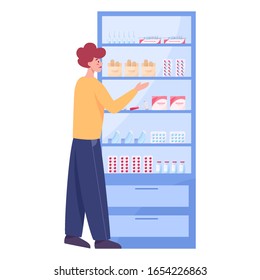 Modern pharmacy shelve. Client choose and buy medicaments and drugs.Healthcare and medical treatment concept. Vector illustration
