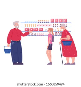 Modern pharmacy shelve. Client choose and buy medicaments and drugs. Healthcare and medical treatment concept. Vector illustration