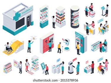 Modern Pharmacy Store Interior Isometric Set With Showcases Electronic Equipment Robotic Assistant Pickup Point Tactile Paving People Isolated Vector Illustration