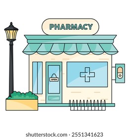 Moderno escaparate de farmacia con vegetación, Vector