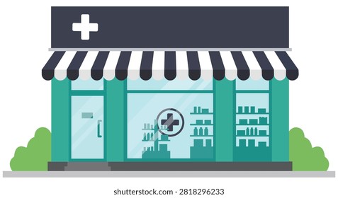 Modern pharmacy storefront illustration featuring medical cross retail entrance and healthcare facility exterior isolated on white background for pharmacy services business branding and promotional designs
