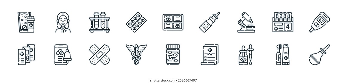 moderno phary icon pack. perfeito para projetos de ui lineares com enema vetorial, pasta de dente, colírio, médico, óleo de peixe, caduceus, bandagem e mais ícones para aplicativos móveis e web.