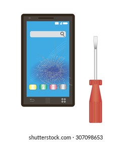 modern phone with a broken screen in need of repair