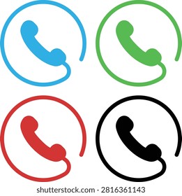 Modern phone call icon collection featuring colorful telephone receiver symbols in clean minimal style. Perfect for call buttons, customer support, contact pages, communication apps, mobile applications, websites, UI design, business presentations, VoIP services and digital interfaces. Fully editable vector icons isolated on a white background. Suitable for web, print and commercial projects.