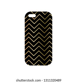 Modern phone cover with golden geometric ornament isolated on a white background. Protective Mockup covers for smartphone with zigzags. Template telephone case. Fashionable sticker for technology