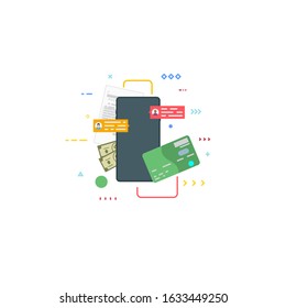 Modern phone with credit card and money. Mobile paying methods. Buying things from smartphone online. Sale or e-commerce concept. Flat style vector banner.