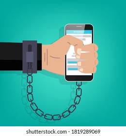 Modern phone internet and social networks addiction metaphor. Businessman hand chained symbol illustration