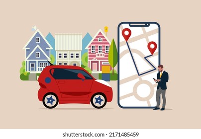 Modernes Telefon mit Ortsmarke und intelligenter Fahrt teilen sich Elektroautos. Angeschlossenes Fahrzeug-Fernparkplatz. Autonome Online-Mitfahrgelegenheit über Smartphone-App. 