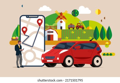 Modern Phone With Location Mark And Smart Ride Share Electric Car. Connected Vehicle Remote Parking. Autonomous Online Car Sharing Service Controlled Via Smartphone App. 