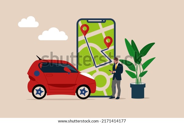 Modern phone with\
location mark and smart ride share electric car. Connected vehicle\
remote parking. Autonomous online car sharing service controlled\
via smartphone app. 