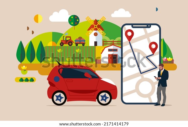 Modern phone with\
location mark and smart ride share electric car. Connected vehicle\
remote parking. Autonomous online car sharing service controlled\
via smartphone app. 