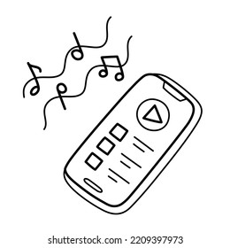 Modern Phone With Music Platform, Doodle Illustration Of Playlist In Smartphone, Music Player In Cell Phone, Vector Icons, Isolated Outline Clipart On White Background