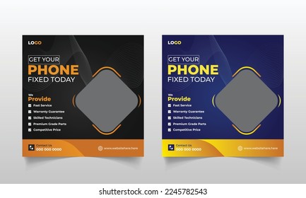 Modern phone repair social media post design template for mobile shop. fix any smartphone