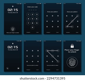 modern phone set with loin and security menu with password and digital fingerprint. security theme. Vector concept
