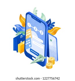 Modern phone or smartphone, flying paper plane, coins and shopping bags. Instant money transfer service, electronic banking, mobile payment. Colorful vector illustration in trendy isometric style.