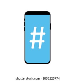 Modern phone, smartphone with hashtag on display. Social media vector illustration, icon.