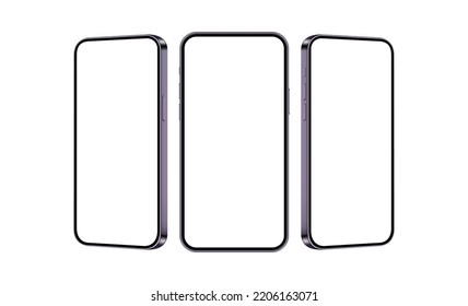 Modern Phones Mockups with Blank Screens, Front and Side View, Isolated on White Background. Vector Illustration