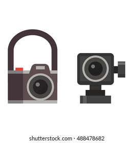 Modern photo camera and digital film photo camera on tripod