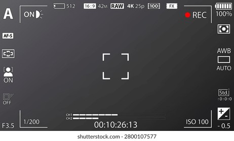 Modern photo or videocamera focusing screen isolated - digital, mirrorless, DSLR, cameraphone. Viewfinder camera recording. 8K ready detailed template. Realistic black style overlay isolated. Vector illustration