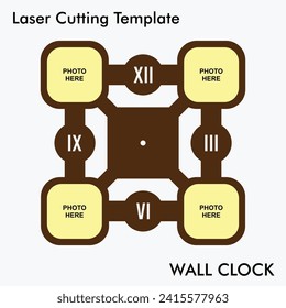 Modern Photo Wall Clock Laser cutting file of wall clock with option of 4 photos for wall and home decor. Vector photo wall clock mockup for mdf and acrylic cutting.