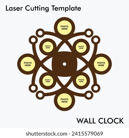 Modern Photo Wall Clock Laser cutting file of wall clock with option of 8 photos for wall and home decor. Vector photo wall clock mockup for mdf and acrylic cutting.