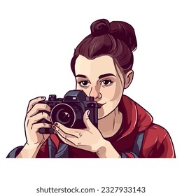 Modern photographer holding camera, capturing fashion icon isolated