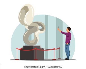 Modern photographer with smartphone camera. Man shooting photography sculpture exhibit in gallery of modern art. Creative profession, occupation or hobby concept. Vector character illustration