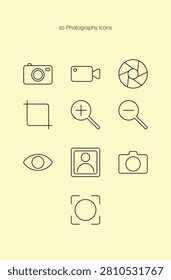 Modern photography line icon set featuring camera equipment, DSLR camera, mirrorless camera, camera lens, tripod, flash, aperture, shutter, memory card, image editing, photo studio, photography accessories, and other photography symbols.