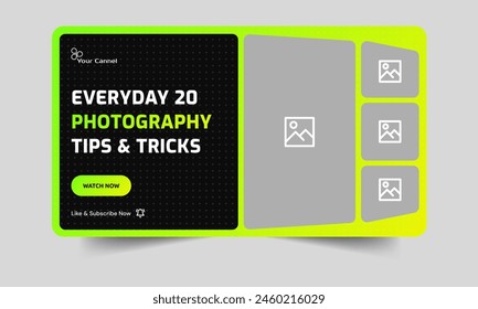 Modern photography tips and tricks video cover banner design, photo shoot video thumbnail banner design, fully editable video  thumbnail vector eps 10 file format