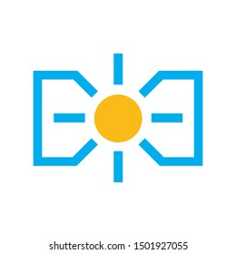 Modern photography vector icon logo, blue camera icon with sun logo template isolated on white background