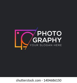 Modern photography vector logo, colorful camera icon sliced logo template isolated on black background