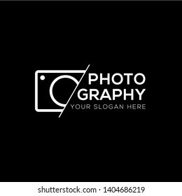 Modern photography vector logo, white camera icon sliced logo template isolated on black background