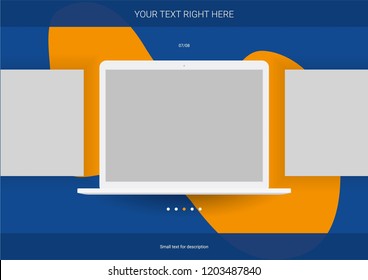 Modern photorealistic mockup of laptop and two half of screen on the abstract blue and orange background for presentation or portfolio (you can resize display to your own high value)