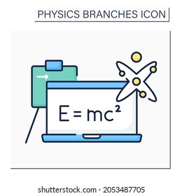 Icono de color de la física moderna.Fórmula de equivalencia de masa y energía en la pizarra. Relatividad especial, mecánica cuántica. Concepto de ramas físicas. Ilustración vectorial aislada