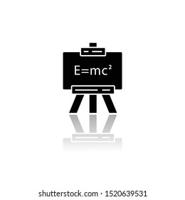 Modern physics drop shadow black glyph icon. Theory of relativity and quantum mechanics. Branch of physics. Up-to-date physics and learning. Einstein formula on whiteboard Isolated vector illustration