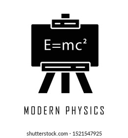 Modern physics glyph icon. Theory of relativity and quantum mechanics. Up-to-date physics and learning. Einstein formula on whiteboard. Silhouette symbol. Negative space. Vector isolated illustration