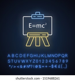 Modern physics neon light icon. Theory of relativity and quantum mechanics. Einstein formula on whiteboard. Glowing sign with alphabet, numbers and symbols. Vector isolated illustration