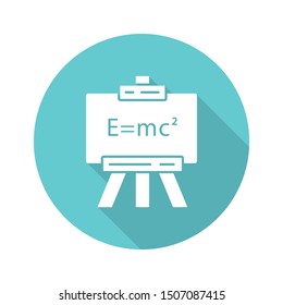 Modern physics turquoise flat design long shadow glyph icon. Theory of relativity and quantum mechanics. Up-to-date physics and learning. Einstein formula on whiteboard. Vector silhouette illustration