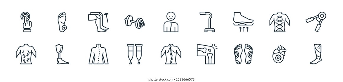 Icono de fisioterapia moderna. Perfecto para diseños de IU lineales con pierna de robot de Vector, corazón artificial, pie, ortopedia, columna vertebral, muleta, deformación y más iconos para App móviles y de Web.