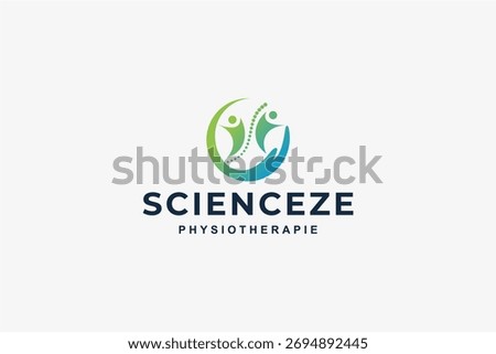 Modern physiotherapy logo with green and blue gradient human spine and leaf symbol representing health care, wellness, and natural healing concept