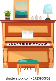 Modern piano in cartoon style with decorative elements. Vector illustration on a white background. Open piano with chair, painting, flower and lamp