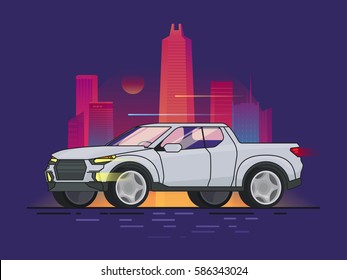 Modern pickup truck motion design concept with bright glowing night cityscape in flat style vector illustration