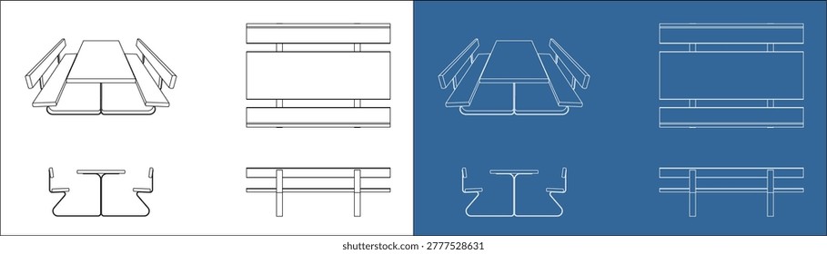  Modern Picnic Table and Bench Multi-View Set with Orthographic Elevations and Isometric Blueprint