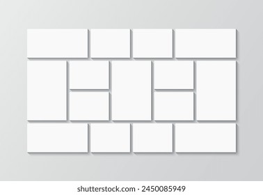 Modern pictures frame. Empty portfolio images. Moodboard background. Photo collage template. Mosaic scrapbook layout. Square mood board. Album brandboard. Gallery banner. Vector illustration