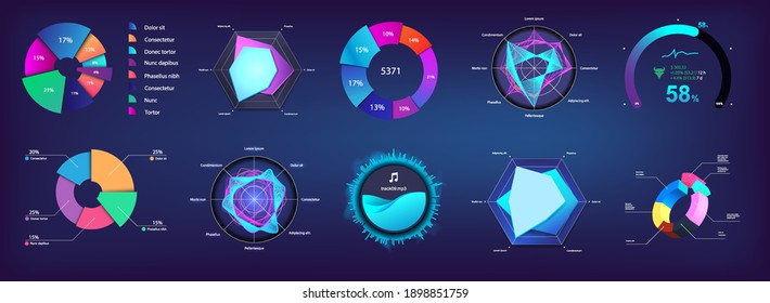 Modern Pie chart and circle infographic collection for Web, UI, UX, KIT and Mobile App. Futuristic colors infochart and Pie chart. Mockup for presentation and dashboard. Three-dimensional. Vector