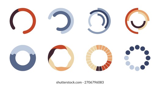 Moderne Tortendiagramm-Kollektion. Vektorisolierte dimensionale Segmente. Datenanalyse oder Statistiken mit Untergliederungen. Finanzberichte, Investor-Pitch-Decks oder Markttrends Präsentationssätze