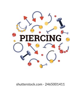 Modernes Piercing-Set in Vektorgrafik. Metall-Ohrringe und Langhantel-Elemente für Piercing Ohren, Mund und Nabel. Zubehör aus Stahl und Titan auf weißem Hintergrund