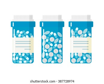 Modern pill bottle with pills and capsules. Isolated icons on white background. Set of three bottles with different drugs